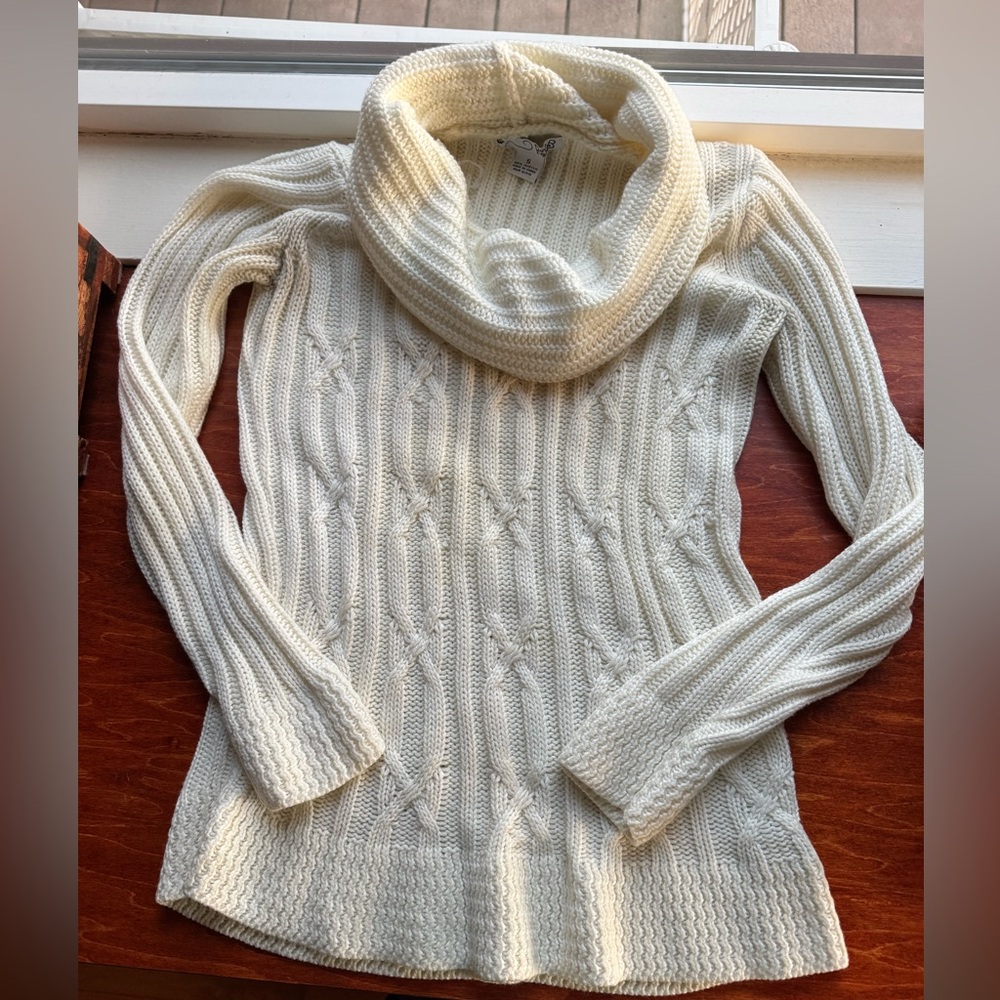 Women’s RXB Cable Knit Cowl Neck Sweater Cream Ivory Ribbed Sleeve Cozy Size S